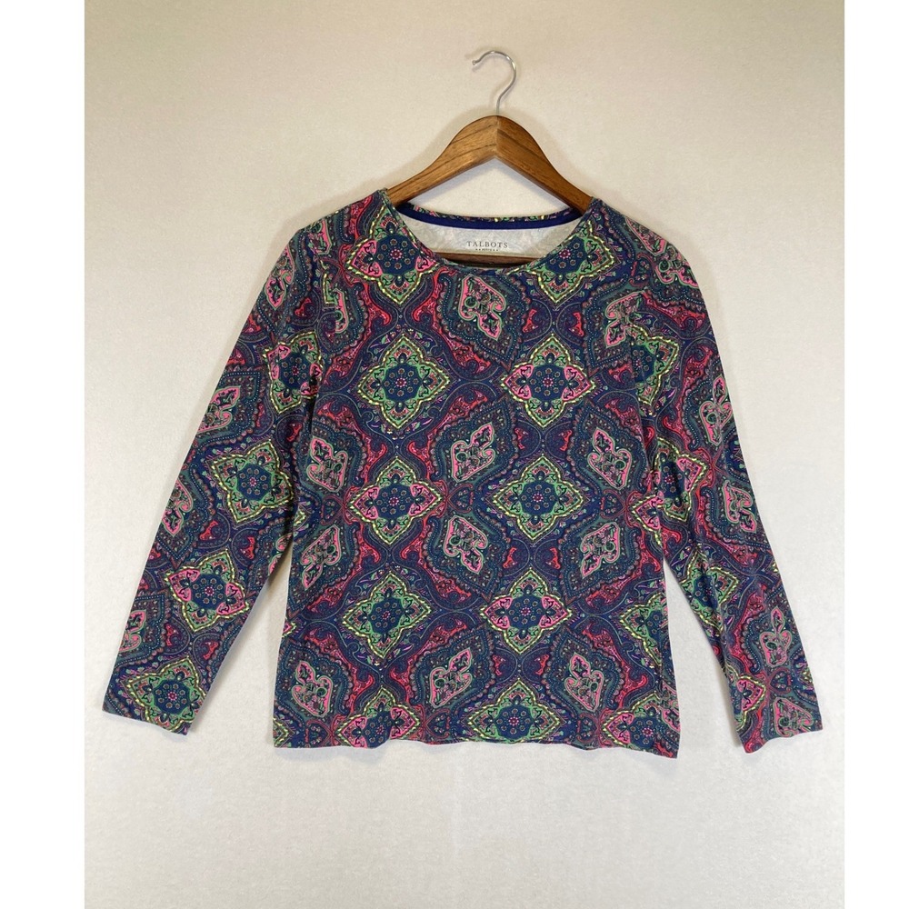 Boho Preppy Talbots Women LP Navy Pink Paisley Medallion Long Sleeve Tee